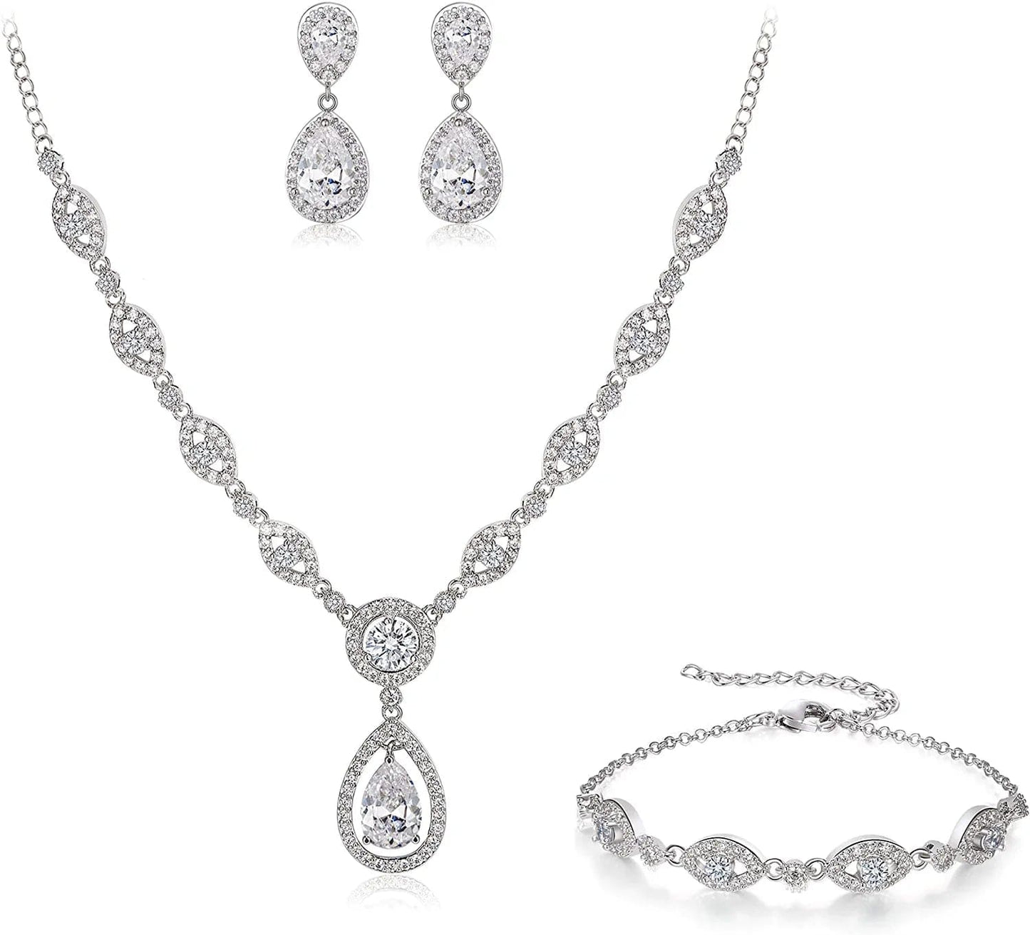 Brilove Women'S Wedding Bridal Teardrop CZ Infinity Figure 8 Y-Necklace Tennis Bracelet Dangle Earrings Set Clear Silver-Tone