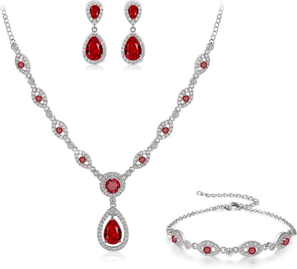 Brilove Women'S Wedding Bridal Teardrop CZ Infinity Figure 8 Y-Necklace Tennis Bracelet Dangle Earrings Set Ruby Color Silver-Tone