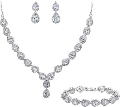 Brilove Women'S Wedding Bridal Teardrop CZ Infinity Figure 8 Y-Necklace Tennis Bracelet Dangle Earrings Set 01-Clear