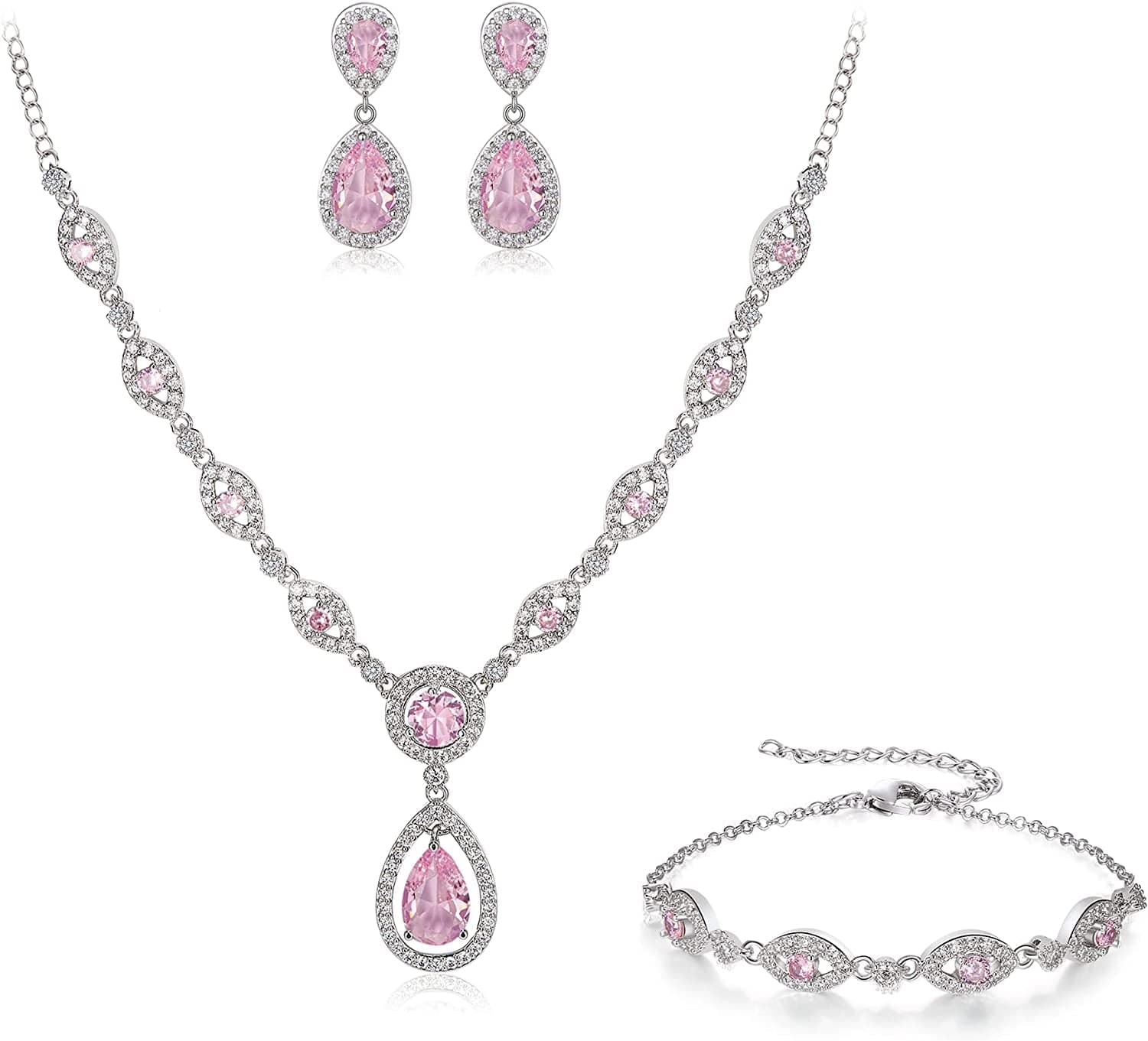 Brilove Women'S Wedding Bridal Teardrop CZ Infinity Figure 8 Y-Necklace Tennis Bracelet Dangle Earrings Set Pink Silver-Tone