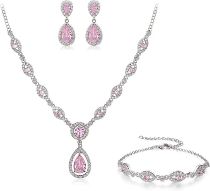 Brilove Women'S Wedding Bridal Teardrop CZ Infinity Figure 8 Y-Necklace Tennis Bracelet Dangle Earrings Set Pink Silver-Tone
