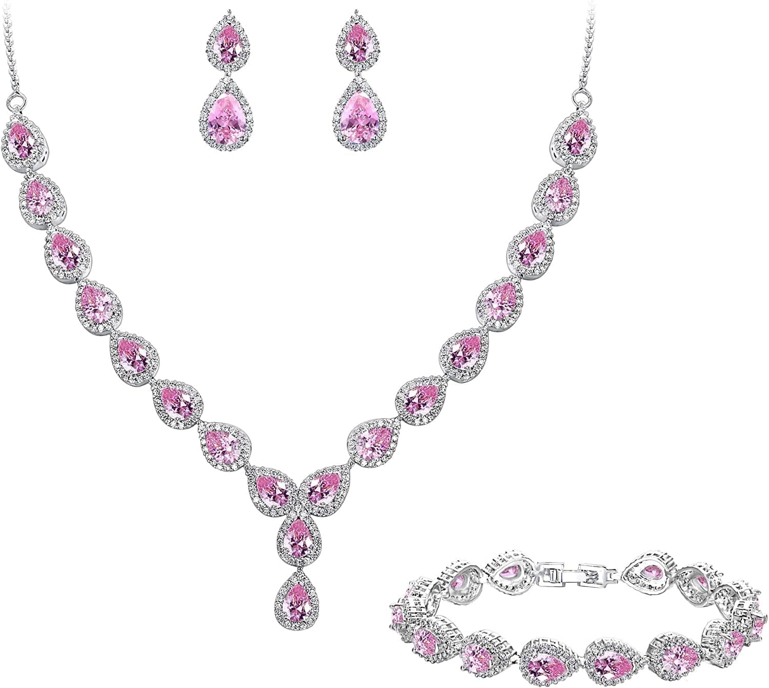 Brilove Women'S Wedding Bridal Teardrop CZ Infinity Figure 8 Y-Necklace Tennis Bracelet Dangle Earrings Set 06-Pink Tourmaline Color