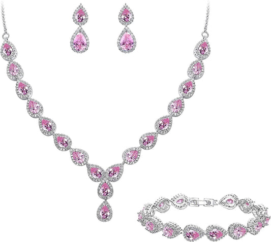 Brilove Women'S Wedding Bridal Teardrop CZ Infinity Figure 8 Y-Necklace Tennis Bracelet Dangle Earrings Set 06-Pink Tourmaline Color