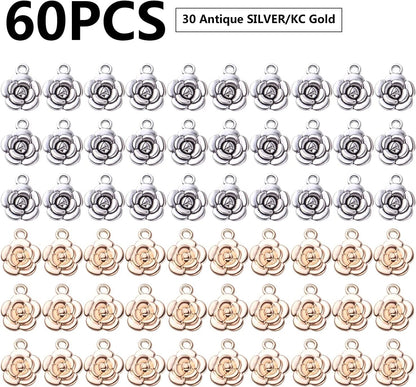 Bronagrand Rose Charm Pendant,60Pcs Alloy Rose Flower Charms Flower Bead Charms Craft Supplies for Jewelry DIY Necklace Earrings Bracelet Making Accessory,Antique Silver and Gold