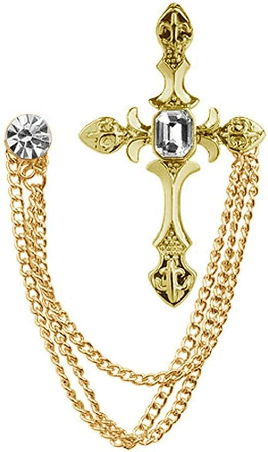 Brooch Pin, Men'S Rhinestone Cross Chain Brooch Lapel Pin Shirt Suit Wedding Accessory Gift Gold Comfortable and Environmentally