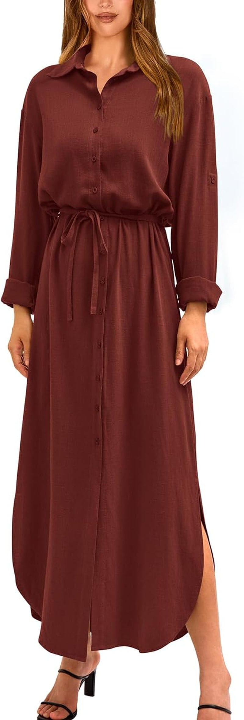BTFBM Women Casual Button down Shirt Dress Rolled-Up Long Sleeve Maxi Dresses Sping Fall Belted Side Slit Long Dress Solid Dark Brown / Medium