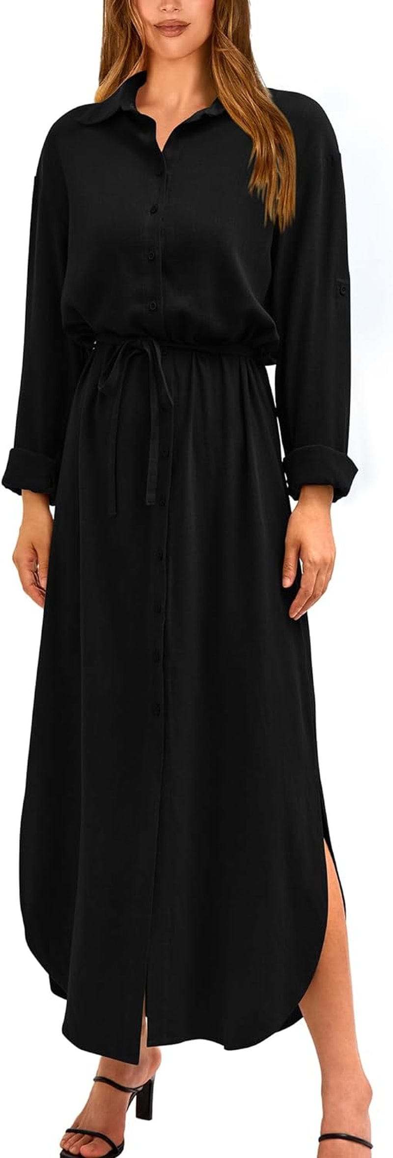 BTFBM Women Casual Button down Shirt Dress Rolled-Up Long Sleeve Maxi Dresses Sping Fall Belted Side Slit Long Dress Solid Black / Small