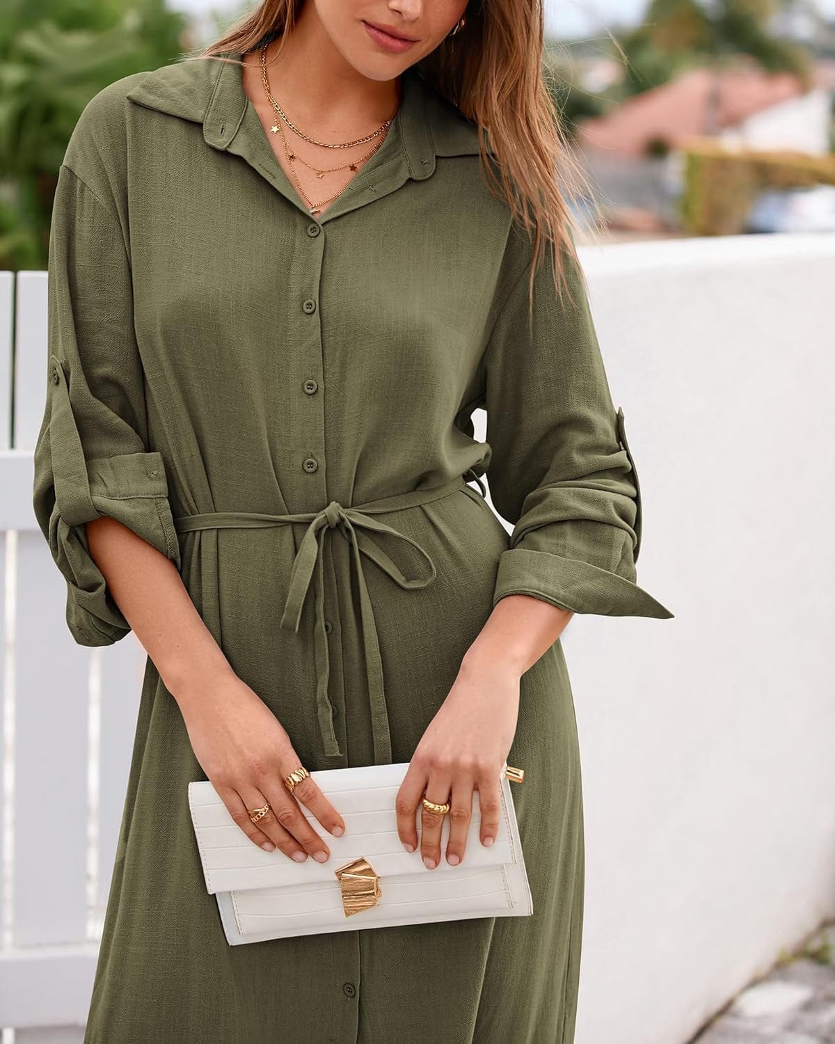 BTFBM Women Casual Button down Shirt Dress Rolled-Up Long Sleeve Maxi Dresses Sping Fall Belted Side Slit Long Dress