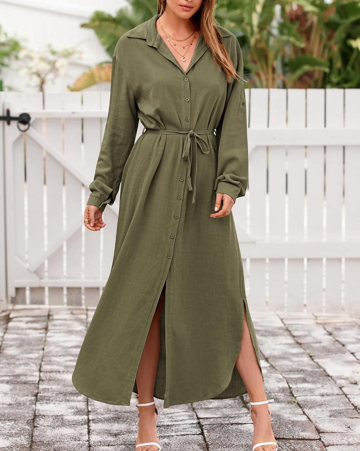 BTFBM Women Casual Button down Shirt Dress Rolled-Up Long Sleeve Maxi Dresses Sping Fall Belted Side Slit Long Dress