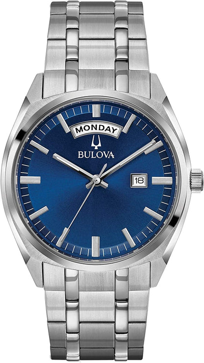 Bulova Men'S Classic Stainless Steel Watch with Day Date Silver Tone/Blue