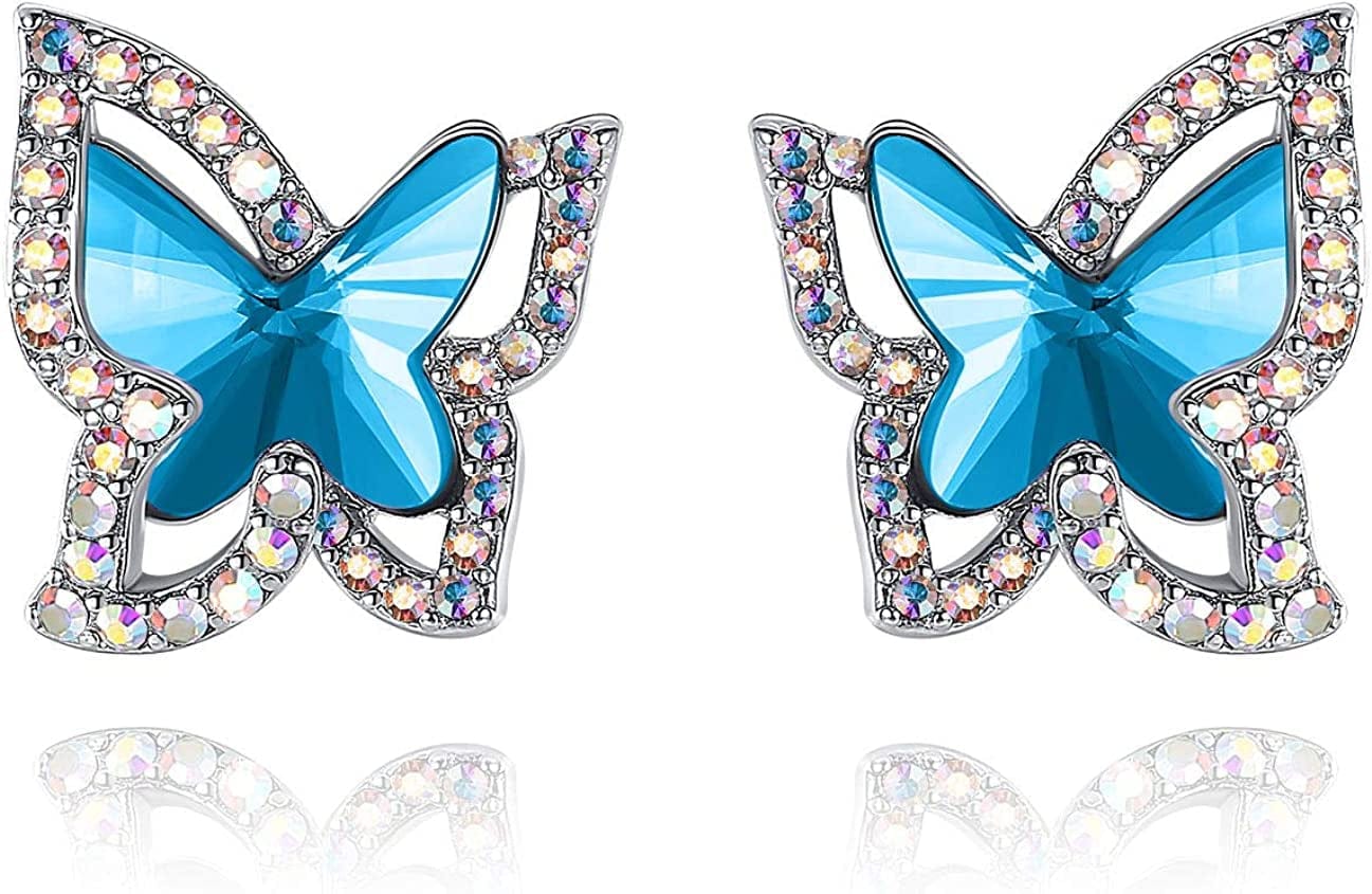 Butterfly Crystal Stud Earrings for Women with Premium Birthstone, Silver-Tone - Mother'S Day Valentine’S Day Jewelry - Gifts for Women Mom Wife Daughter Girlfriend March December Birthstone - Aquamarine Blue Crystal