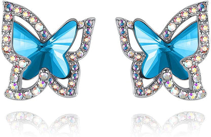 Butterfly Crystal Stud Earrings for Women with Premium Birthstone, Silver-Tone - Mother'S Day Valentine’S Day Jewelry - Gifts for Women Mom Wife Daughter Girlfriend March December Birthstone - Aquamarine Blue Crystal