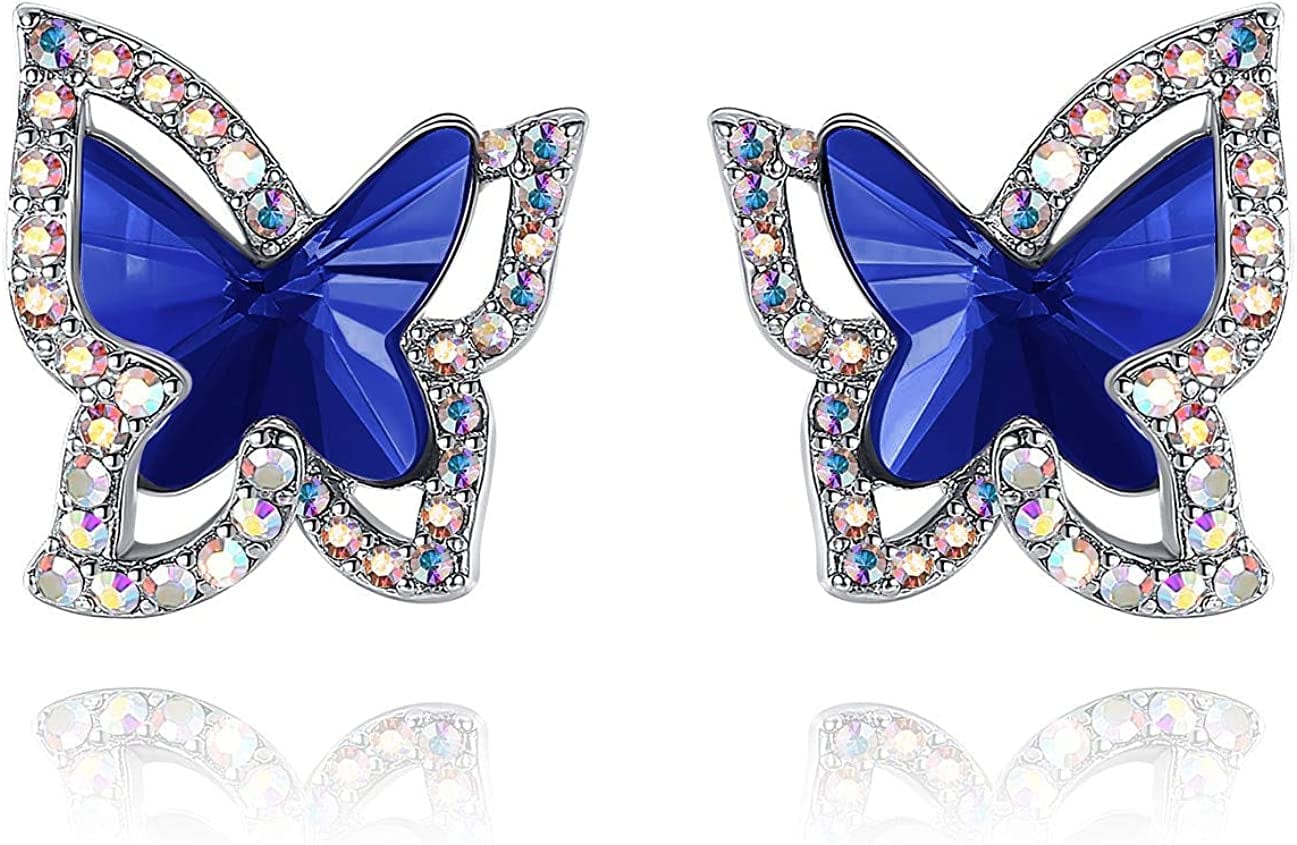 Butterfly Crystal Stud Earrings for Women with Premium Birthstone, Silver-Tone - Mother'S Day Valentine’S Day Jewelry - Gifts for Women Mom Wife Daughter Girlfriend Healing Stone for Wisdom - Cobalt Blue Crystal