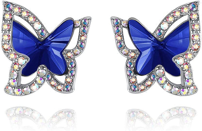 Butterfly Crystal Stud Earrings for Women with Premium Birthstone, Silver-Tone - Mother'S Day Valentine’S Day Jewelry - Gifts for Women Mom Wife Daughter Girlfriend Healing Stone for Wisdom - Cobalt Blue Crystal