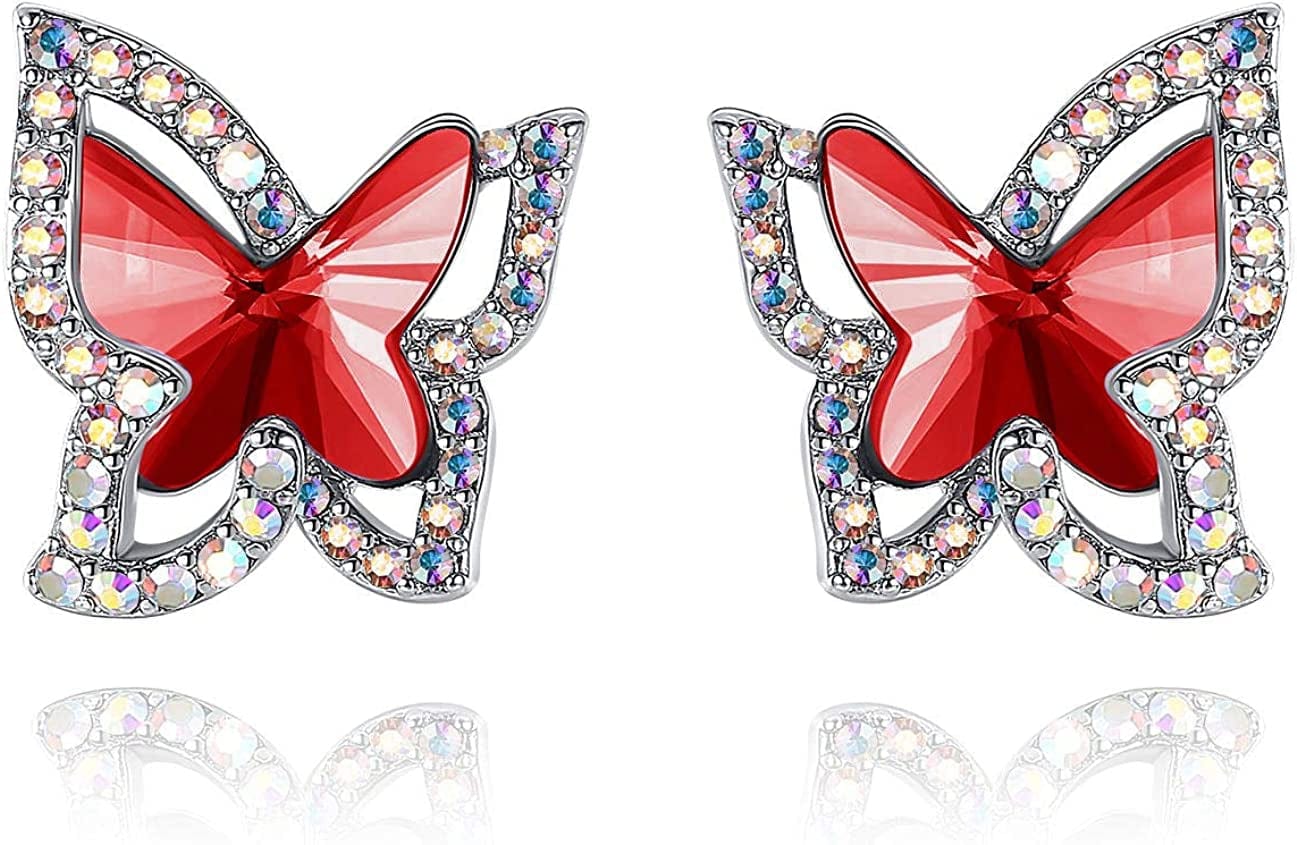 Butterfly Crystal Stud Earrings for Women with Premium Birthstone, Silver-Tone - Mother'S Day Valentine’S Day Jewelry - Gifts for Women Mom Wife Daughter Girlfriend January July Birthstone - Ruby Red Crystal