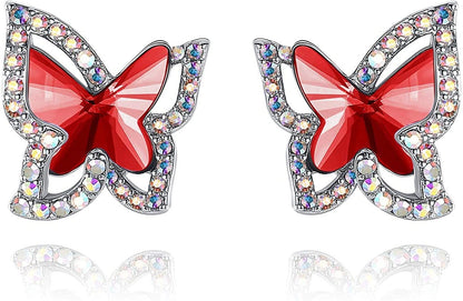 Butterfly Crystal Stud Earrings for Women with Premium Birthstone, Silver-Tone - Mother'S Day Valentine’S Day Jewelry - Gifts for Women Mom Wife Daughter Girlfriend January July Birthstone - Ruby Red Crystal