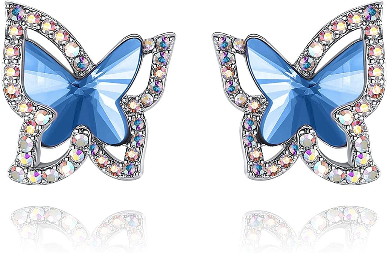 Butterfly Crystal Stud Earrings for Women with Premium Birthstone, Silver-Tone - Mother'S Day Valentine’S Day Jewelry - Gifts for Women Mom Wife Daughter Girlfriend March December Birthstone - Light Sapphire Blue Crystal