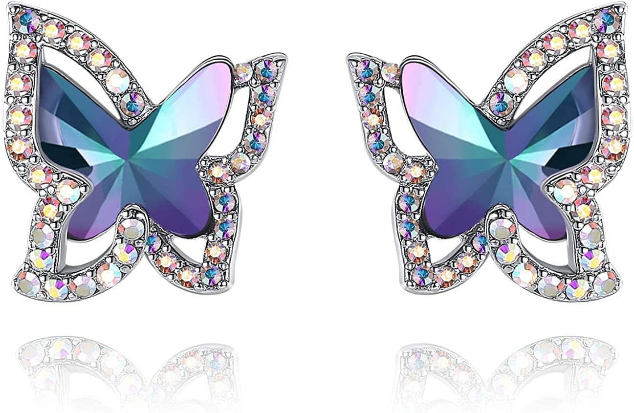 Butterfly Crystal Stud Earrings for Women with Premium Birthstone, Silver-Tone - Mother'S Day Valentine’S Day Jewelry - Gifts for Women Mom Wife Daughter Girlfriend Healing Stone for Calming Mind - Rainbow Fluorite Purple