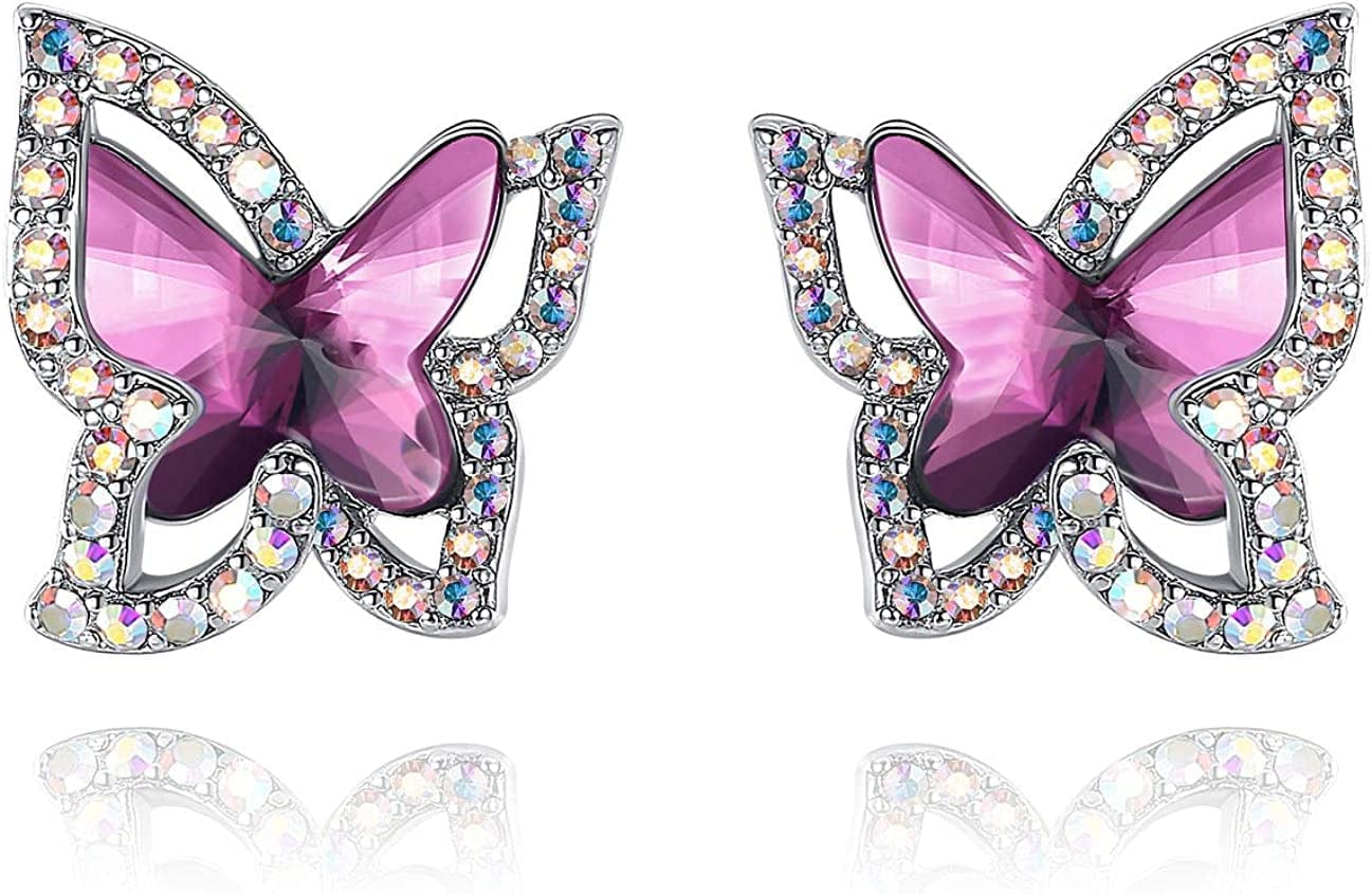 Butterfly Crystal Stud Earrings for Women with Premium Birthstone, Silver-Tone - Mother'S Day Valentine’S Day Jewelry - Gifts for Women Mom Wife Daughter Girlfriend February Birthstone - Amethyst Dark Pink Crystal