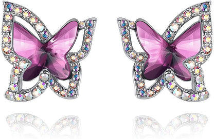 Butterfly Crystal Stud Earrings for Women with Premium Birthstone, Silver-Tone - Mother'S Day Valentine’S Day Jewelry - Gifts for Women Mom Wife Daughter Girlfriend February Birthstone - Amethyst Dark Pink Crystal