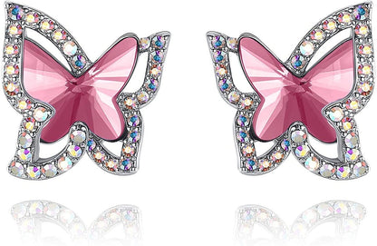 Butterfly Crystal Stud Earrings for Women with Premium Birthstone, Silver-Tone - Mother'S Day Valentine’S Day Jewelry - Gifts for Women Mom Wife Daughter Girlfriend October Birthstone - Light Rose Pink Crystal