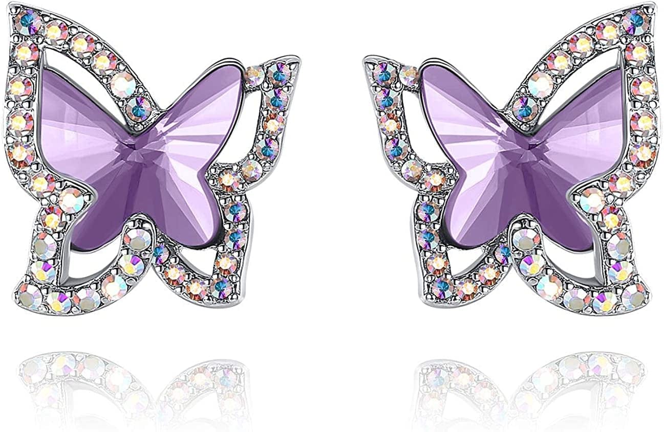 Butterfly Crystal Stud Earrings for Women with Premium Birthstone, Silver-Tone - Mother'S Day Valentine’S Day Jewelry - Gifts for Women Mom Wife Daughter Girlfriend June Birthstone - Alexandrite Light Purple Crystal