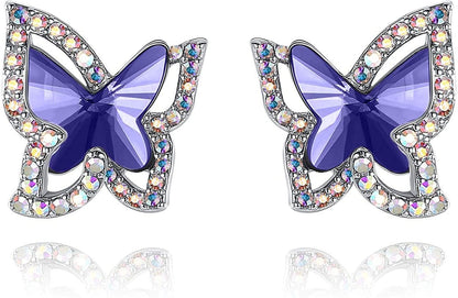 Butterfly Crystal Stud Earrings for Women with Premium Birthstone, Silver-Tone - Mother'S Day Valentine’S Day Jewelry - Gifts for Women Mom Wife Daughter Girlfriend February Birthstone - Tanzanite Purple Crystal