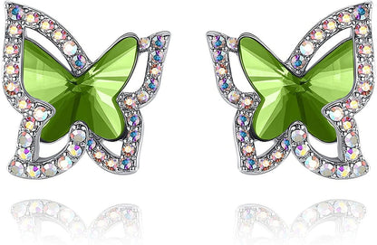 Butterfly Crystal Stud Earrings for Women with Premium Birthstone, Silver-Tone - Mother'S Day Valentine’S Day Jewelry - Gifts for Women Mom Wife Daughter Girlfriend August Birthstone - Peridot Green Crystal