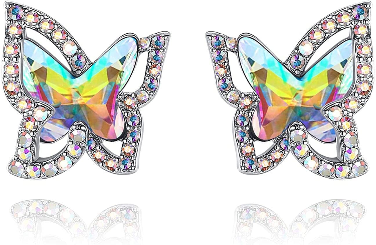 Butterfly Crystal Stud Earrings for Women with Premium Birthstone, Silver-Tone - Mother'S Day Valentine’S Day Jewelry - Gifts for Women Mom Wife Daughter Girlfriend April Birthstone - Rainbow Opal White Crystal