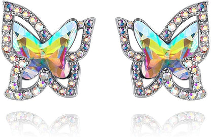 Butterfly Crystal Stud Earrings for Women with Premium Birthstone, Silver-Tone - Mother'S Day Valentine’S Day Jewelry - Gifts for Women Mom Wife Daughter Girlfriend April Birthstone - Rainbow Opal White Crystal
