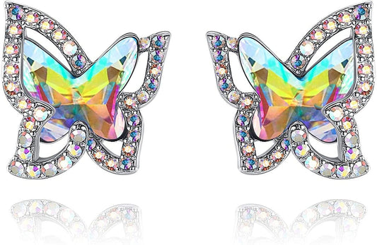 Sparkly crystal butterfly earrings catching light reflection