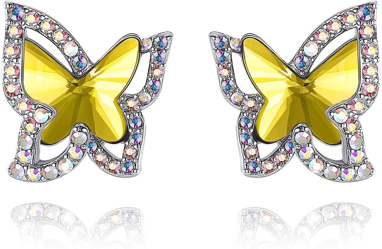 Butterfly Crystal Stud Earrings for Women with Premium Birthstone, Silver-Tone - Mother'S Day Valentine’S Day Jewelry - Gifts for Women Mom Wife Daughter Girlfriend Healing Stone for Happiness - Citrine Yellow Crystal