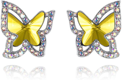 Butterfly Crystal Stud Earrings for Women with Premium Birthstone, Silver-Tone - Mother'S Day Valentine’S Day Jewelry - Gifts for Women Mom Wife Daughter Girlfriend Healing Stone for Happiness - Citrine Yellow Crystal