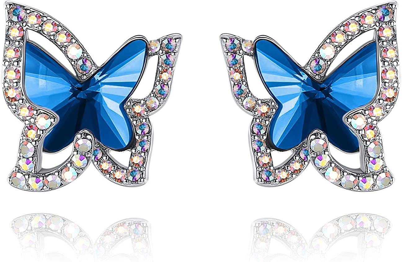 Butterfly Crystal Stud Earrings for Women with Premium Birthstone, Silver-Tone - Mother'S Day Valentine’S Day Jewelry - Gifts for Women Mom Wife Daughter Girlfriend September Birthstone - Bermuda Sapphire Blue Crystal