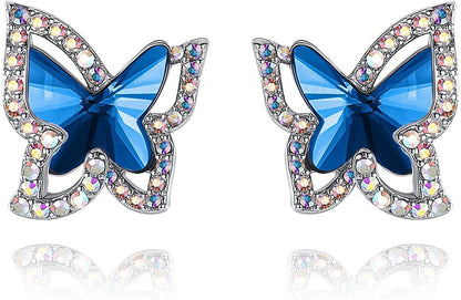 Butterfly Crystal Stud Earrings for Women with Premium Birthstone, Silver-Tone - Mother'S Day Valentine’S Day Jewelry - Gifts for Women Mom Wife Daughter Girlfriend September Birthstone - Bermuda Sapphire Blue Crystal