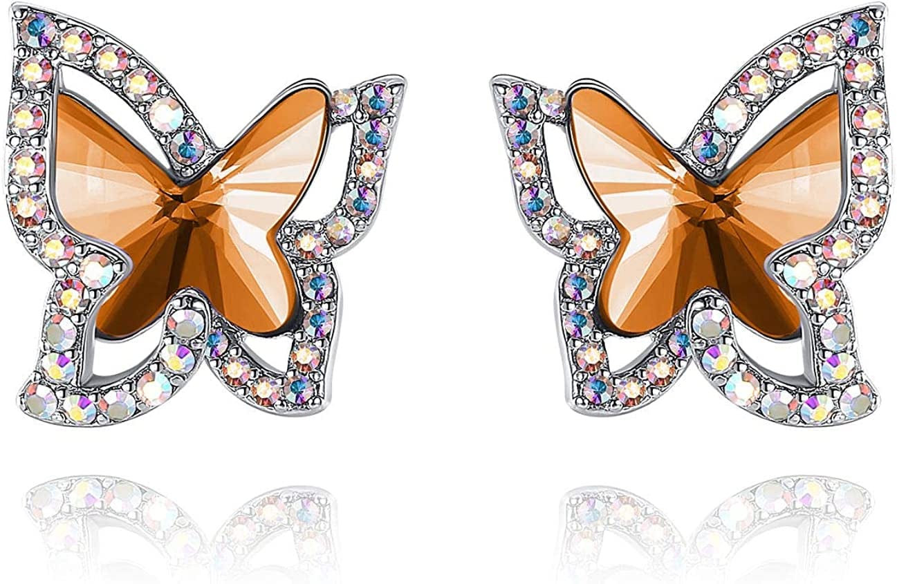 Butterfly Crystal Stud Earrings for Women with Premium Birthstone, Silver-Tone - Mother'S Day Valentine’S Day Jewelry - Gifts for Women Mom Wife Daughter Girlfriend November Birthstone - Amber Brown Crystal