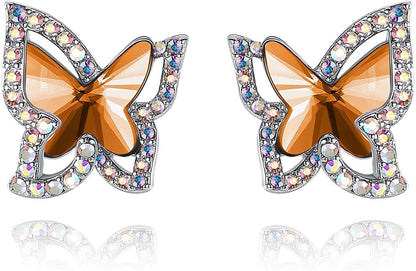 Butterfly Crystal Stud Earrings for Women with Premium Birthstone, Silver-Tone - Mother'S Day Valentine’S Day Jewelry - Gifts for Women Mom Wife Daughter Girlfriend November Birthstone - Amber Brown Crystal