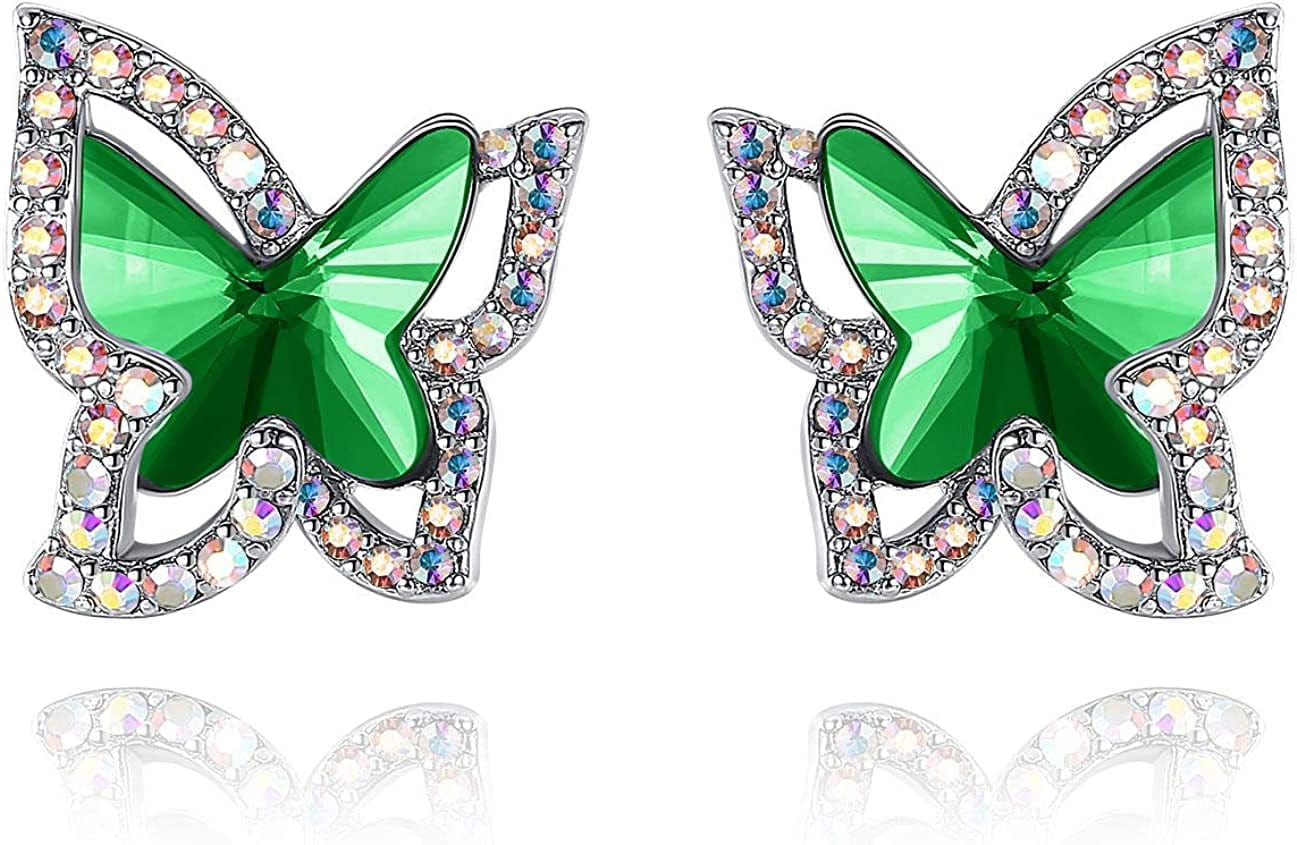 Butterfly Crystal Stud Earrings for Women with Premium Birthstone, Silver-Tone - Mother'S Day Valentine’S Day Jewelry - Gifts for Women Mom Wife Daughter Girlfriend May Birthstone - Emerald Green Crystal