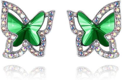Butterfly Crystal Stud Earrings for Women with Premium Birthstone, Silver-Tone - Mother'S Day Valentine’S Day Jewelry - Gifts for Women Mom Wife Daughter Girlfriend May Birthstone - Emerald Green Crystal