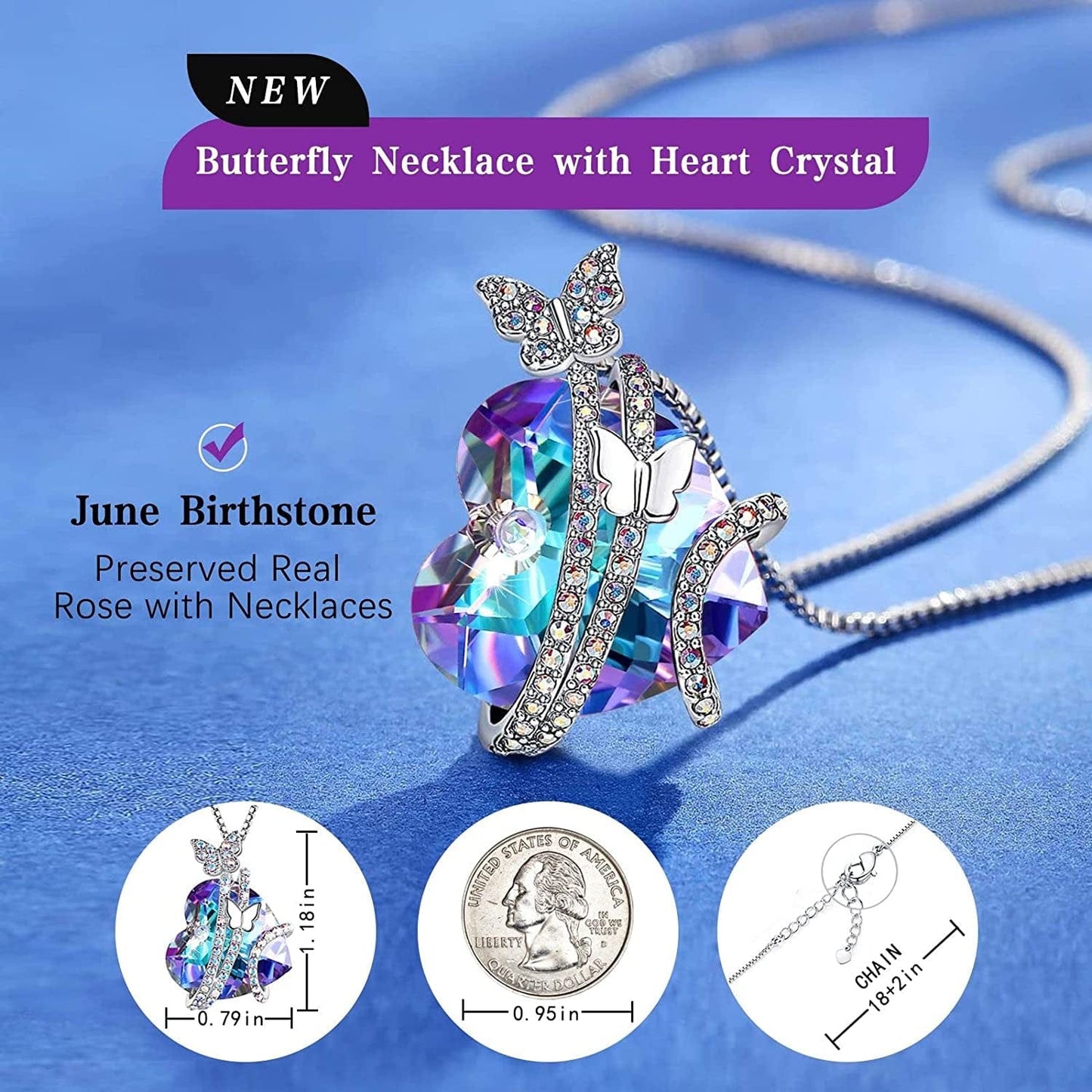Butterfly Necklaces for Women, Christmas Gifts for Mom Wife Grandma,Anniversary Birthday Gifts for Her, Love Heart Jewelry