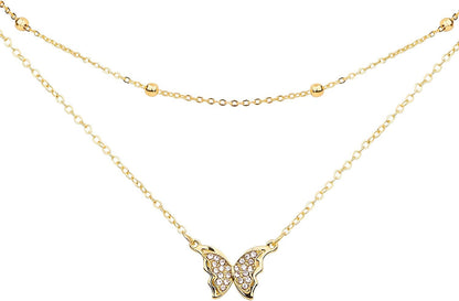 Butterfly Pendant Necklace for Cute Girls, 14K Gold Plated Handmade Hollow Layered Necklace for Women Birthday Gold