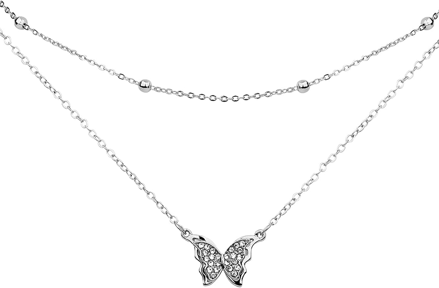 Butterfly Pendant Necklace for Cute Girls, 14K Gold Plated Handmade Hollow Layered Necklace for Women Birthday Silver