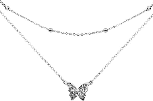 Butterfly Pendant Necklace for Cute Girls, 14K Gold Plated Handmade Hollow Layered Necklace for Women Birthday Silver