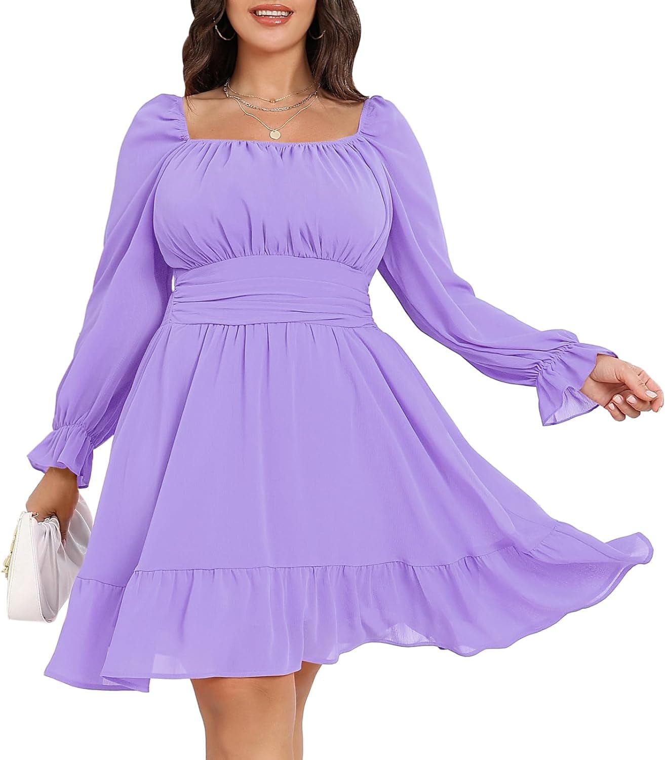 Byinns Women'S plus Size Tie Back Square Neck Mini Dress Long Lantern Sleeve Elastic Waist Wedding Guest Dresses 2023 Purple / 5X-Large
