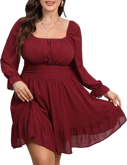 Byinns Women'S plus Size Tie Back Square Neck Mini Dress Long Lantern Sleeve Elastic Waist Wedding Guest Dresses 2023 Wine Red / 5X-Large