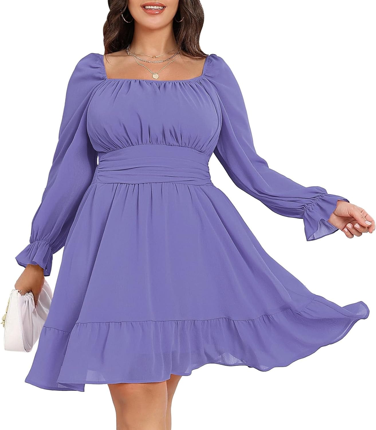 Byinns Women'S plus Size Tie Back Square Neck Mini Dress Long Lantern Sleeve Elastic Waist Wedding Guest Dresses 2023 Gray Blue / 5X-Large