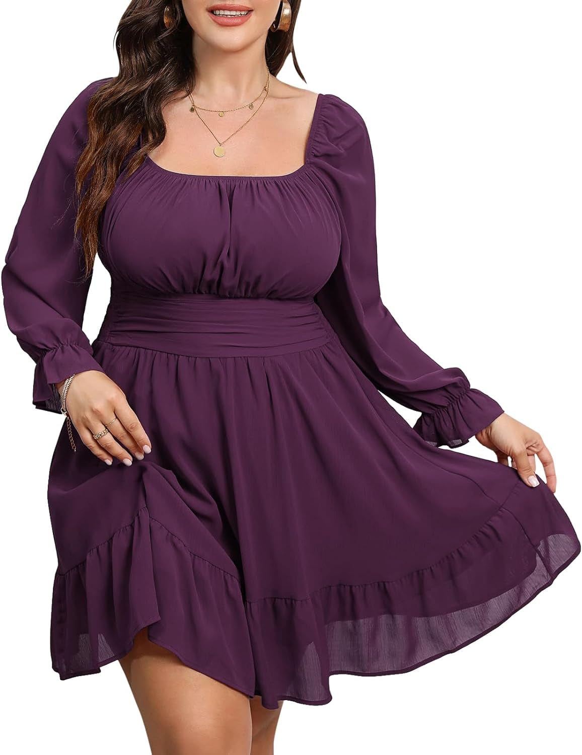 Byinns Women'S plus Size Tie Back Square Neck Mini Dress Long Lantern Sleeve Elastic Waist Wedding Guest Dresses 2023 Purplish Red / Large