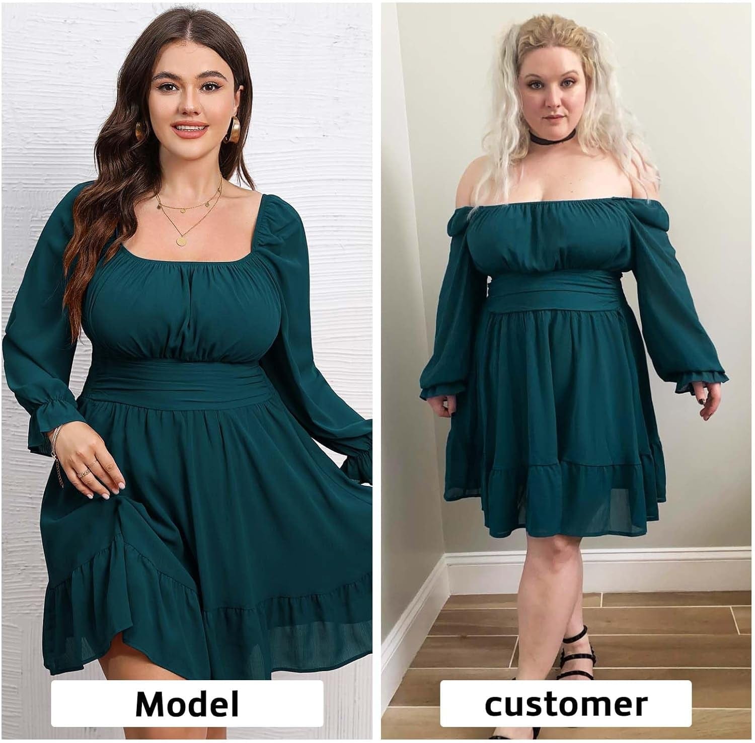 Byinns Women'S plus Size Tie Back Square Neck Mini Dress Long Lantern Sleeve Elastic Waist Wedding Guest Dresses 2023