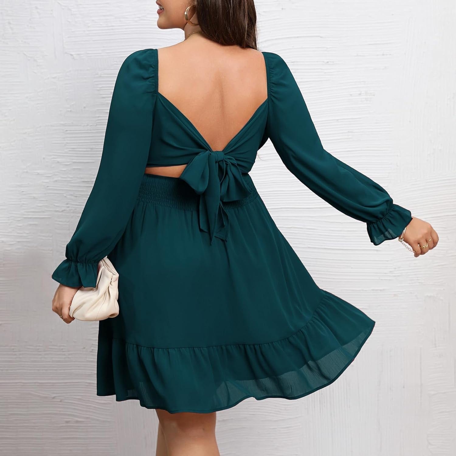 Byinns Women'S plus Size Tie Back Square Neck Mini Dress Long Lantern Sleeve Elastic Waist Wedding Guest Dresses 2023