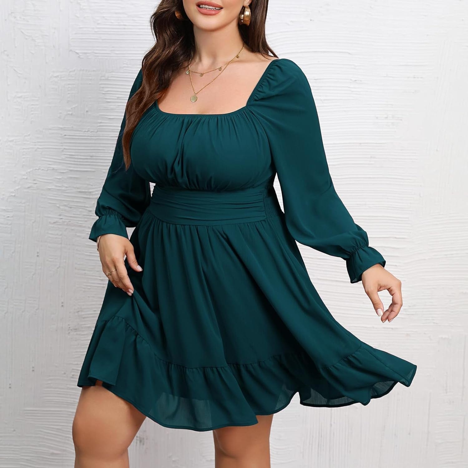Byinns Women'S plus Size Tie Back Square Neck Mini Dress Long Lantern Sleeve Elastic Waist Wedding Guest Dresses 2023